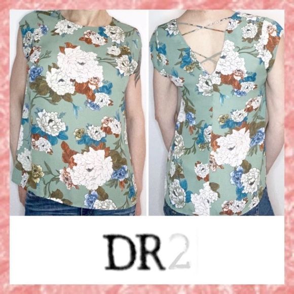 LIKE NEW DR2 Green Floral Cap Sleeve Shirt Small S - Picture 1 of 8